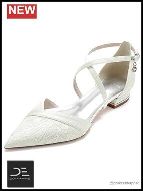 Women's Lace Pointed Toe Cross Strap Bridal Flats Low Heel Wedding Shoes